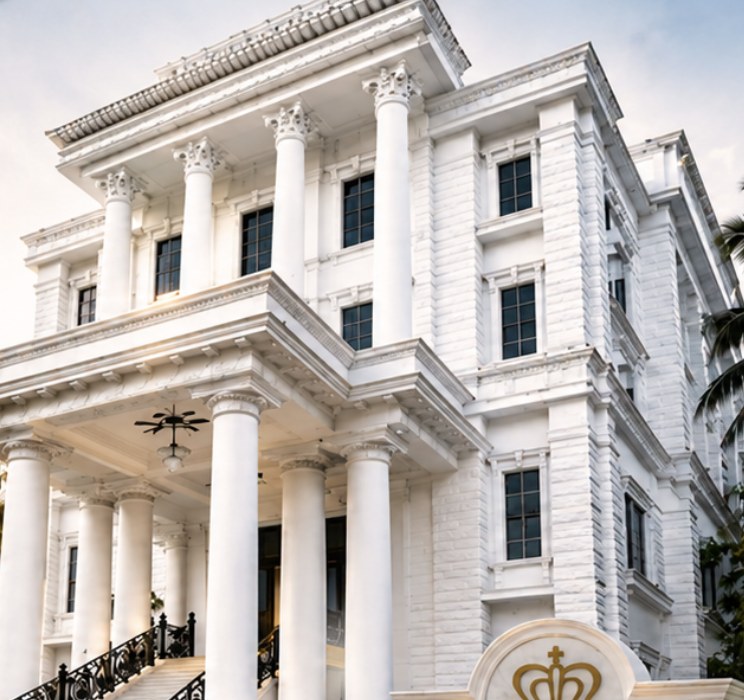 The Pharo's white-columned palace entrance
